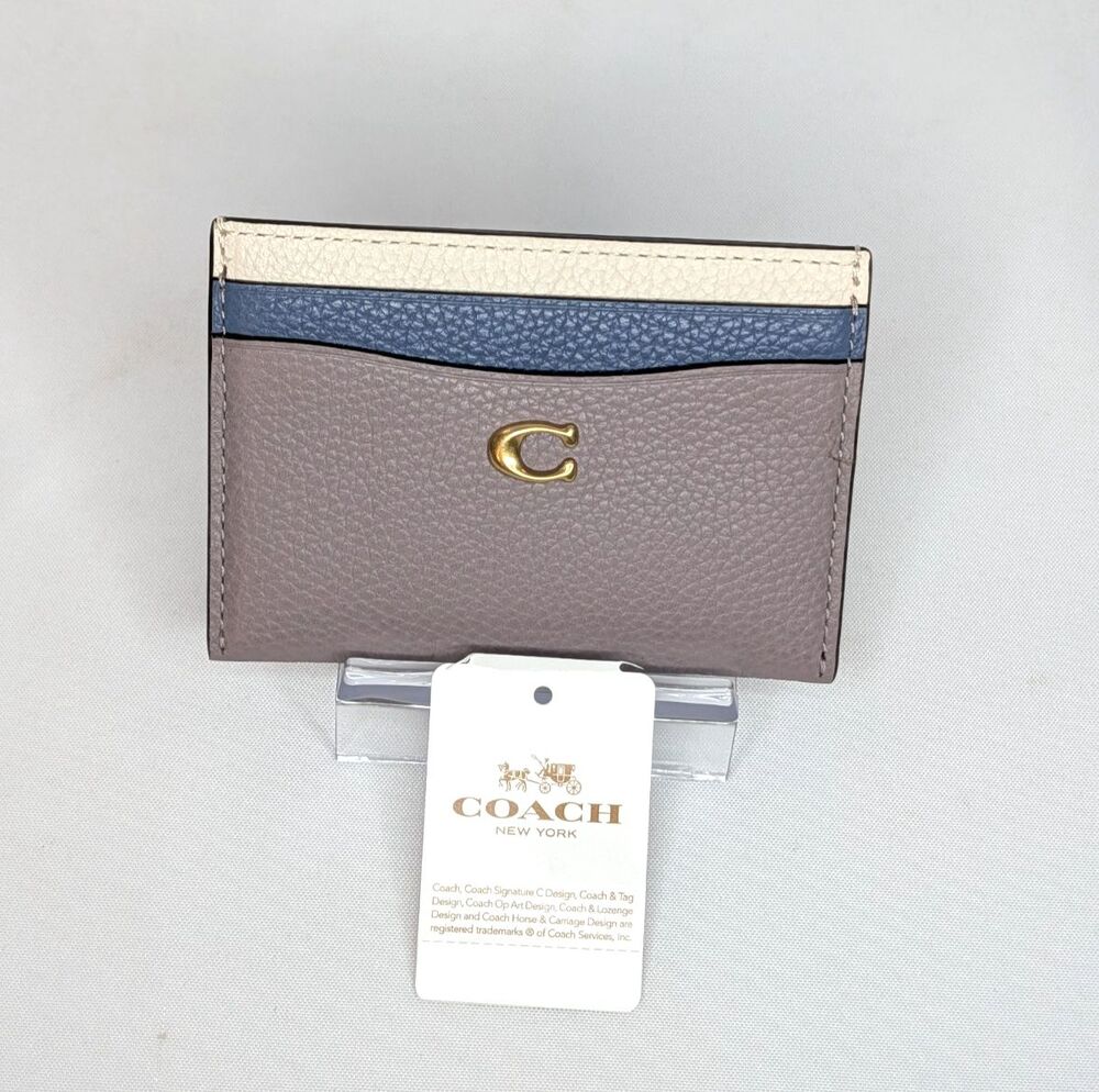 Coach Slim Flat Leather Card Case Wallet - Ash Blue Multi/Brass, NWT